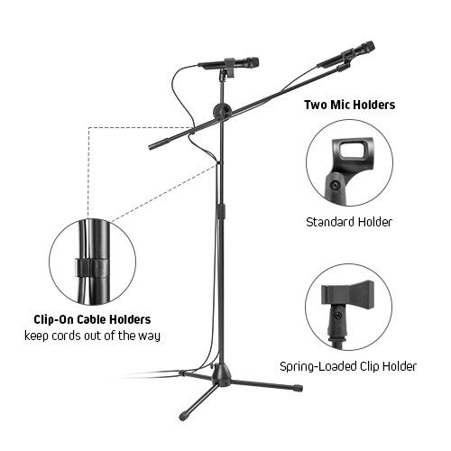Economical 360° Rotatable Boom Microphone Tripod Stand with 2 Mic Clip Holders
