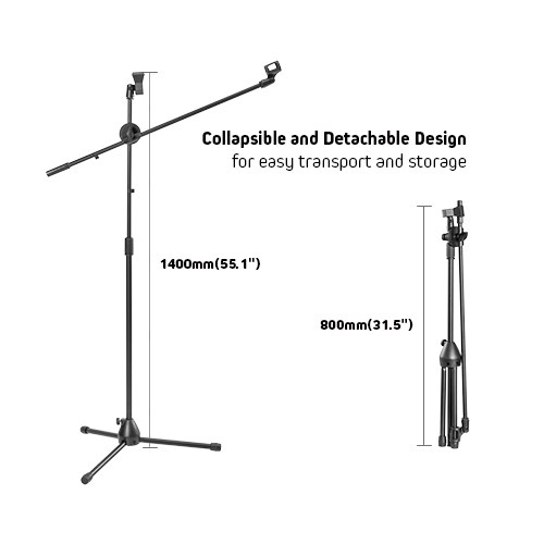 Economical 360° Rotatable Boom Microphone Tripod Stand with 2 Mic Clip Holders