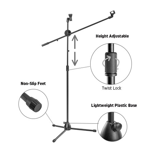Economical 360° Rotatable Boom Microphone Tripod Stand with 2 Mic Clip Holders