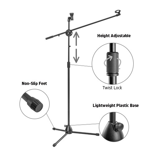 Classic 360° Rotatable Boom Microphone Tripod Stand with 2 Mic Clip Holders