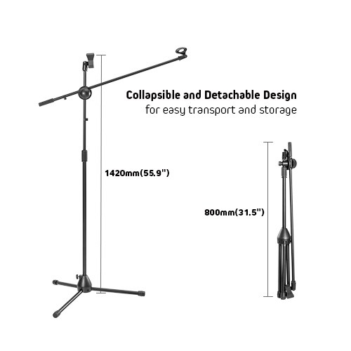 Classic 360° Rotatable Boom Microphone Tripod Stand with 2 Mic Clip Holders