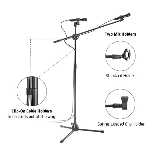 Classic 360° Rotatable Boom Microphone Tripod Stand with 2 Mic Clip Holders