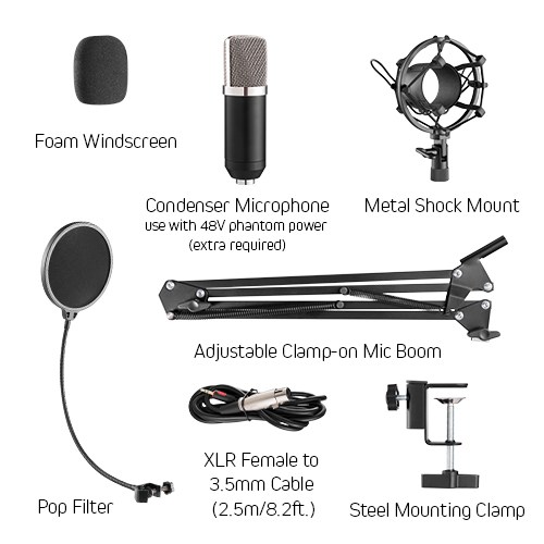 Condenser Microphone and Clamp-On Mic Boom Arm Stand Bundle